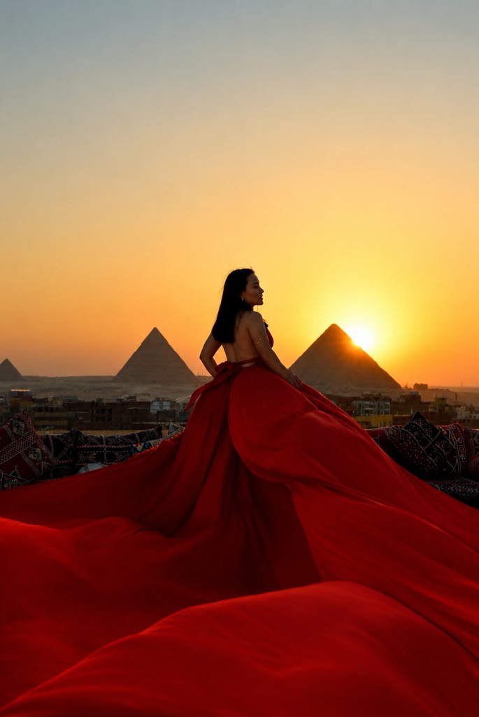 Hong Tuyen Nguyen in a red gown at sunset in front of the pyramids at Giza